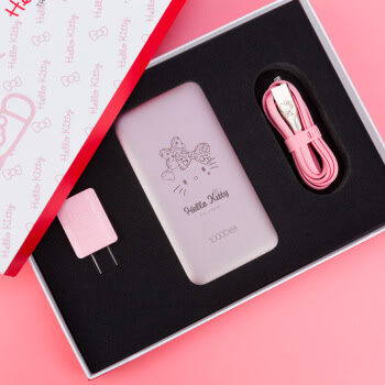Hello Kitty 10000mah移动电源+2.4A双USB充电头+数据线 卡通手机充电宝 金属机身可爱便携 旅行充电套装